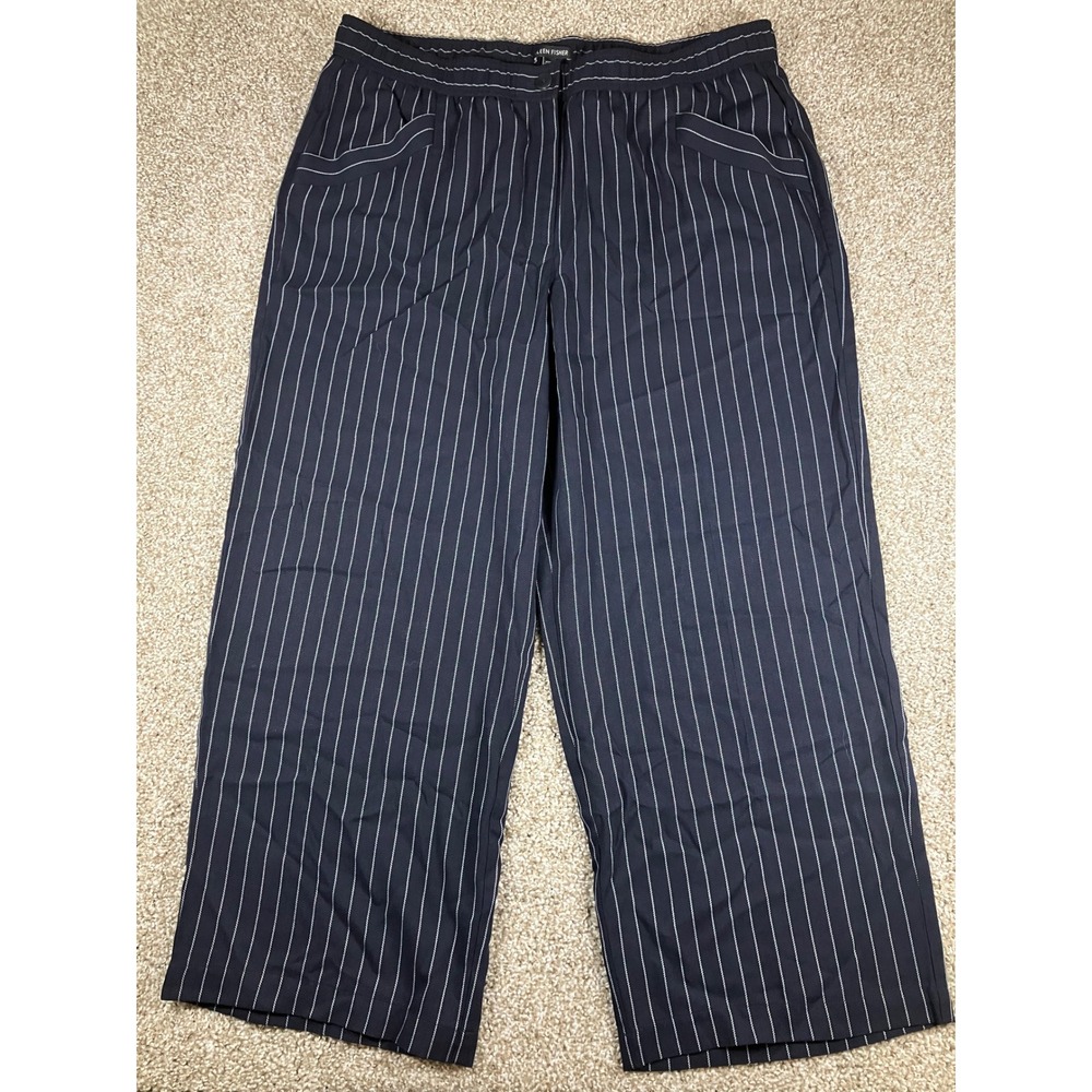 Eileen Fisher Navy Pinstripe Wide Leg Cropped Pants Tencel Blend Size Large